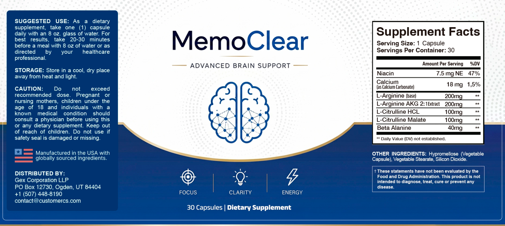 MemoClear supplement facts label showing niacin calcium L-arginine L-citrulline and beta alanine